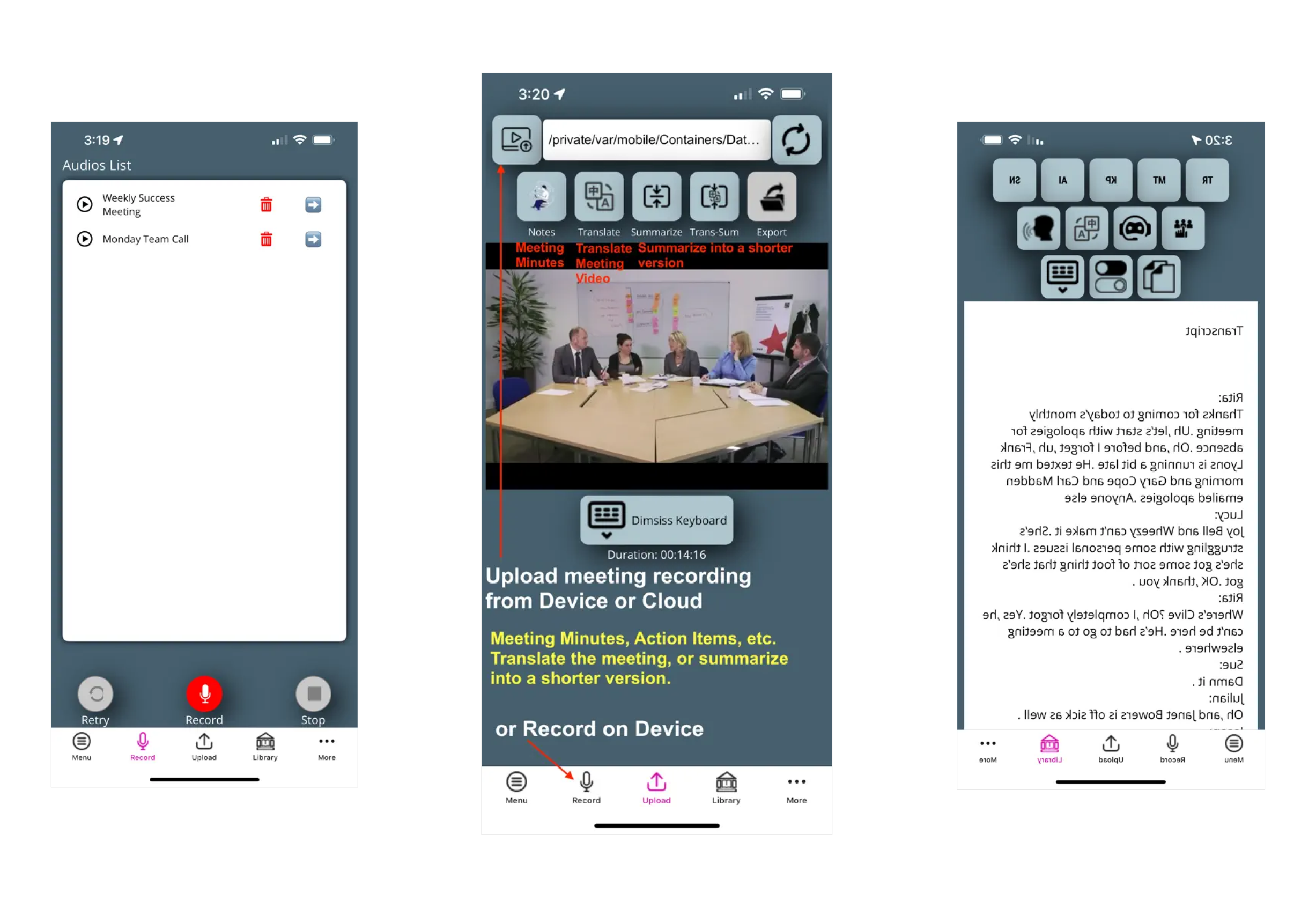 QV Laconic Meetings Interface showing transcription and AI summaries